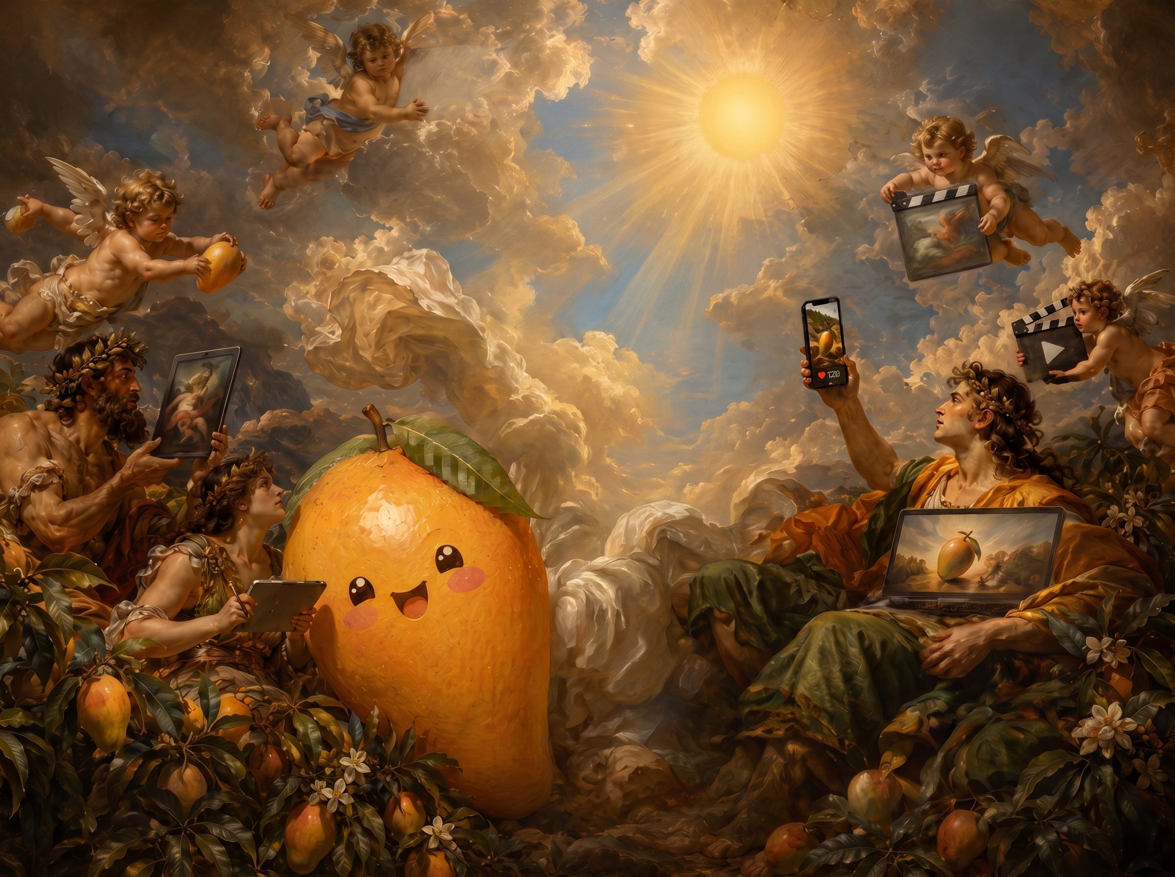 Renaissance fresco of a golden heaven with cherubs carrying phones, tablets, and clapperboards around a smiling mango