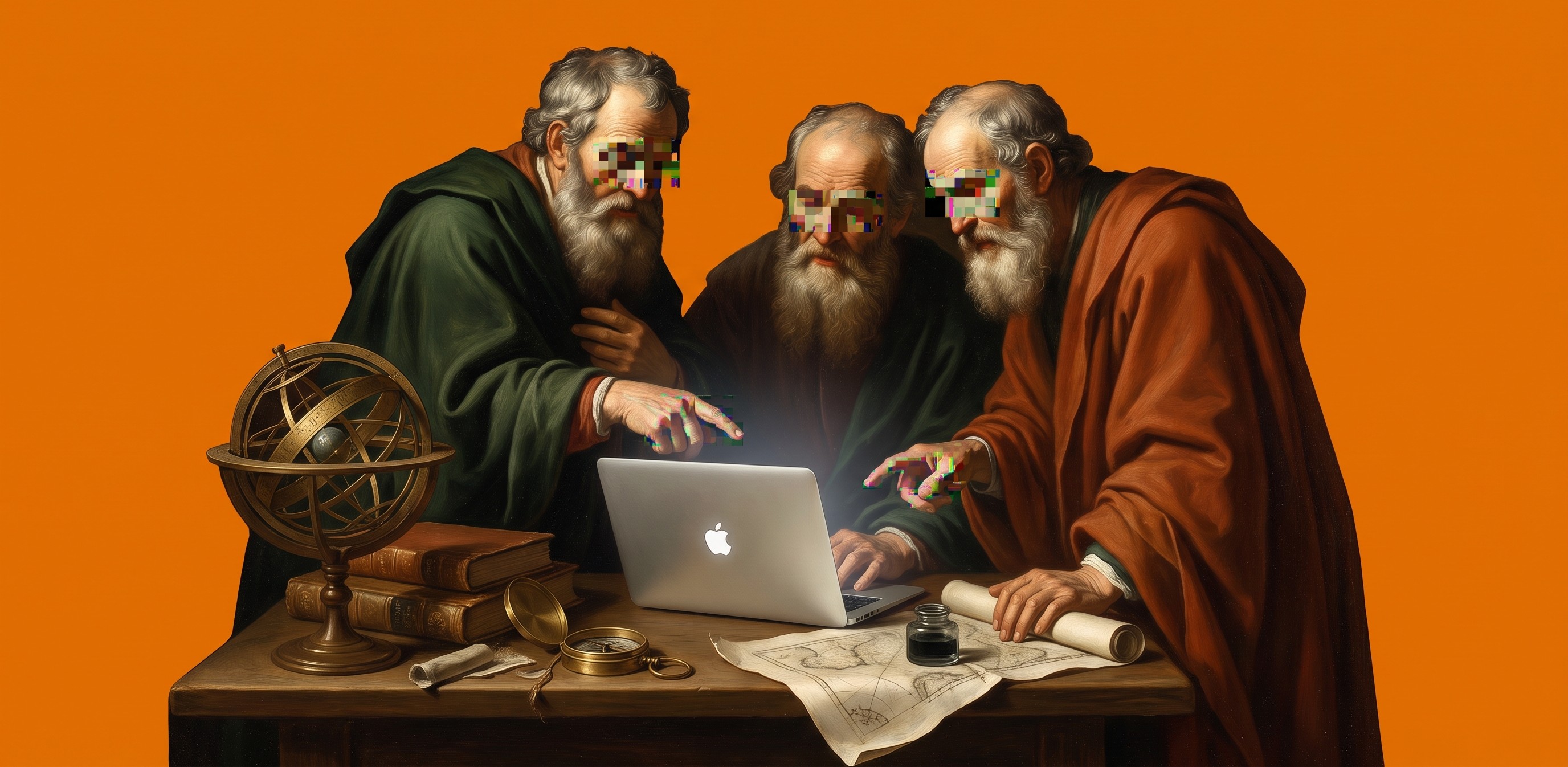 Baroque painting of three bearded scholars studying a modern laptop, their eyes obscured by pixelated glitches
