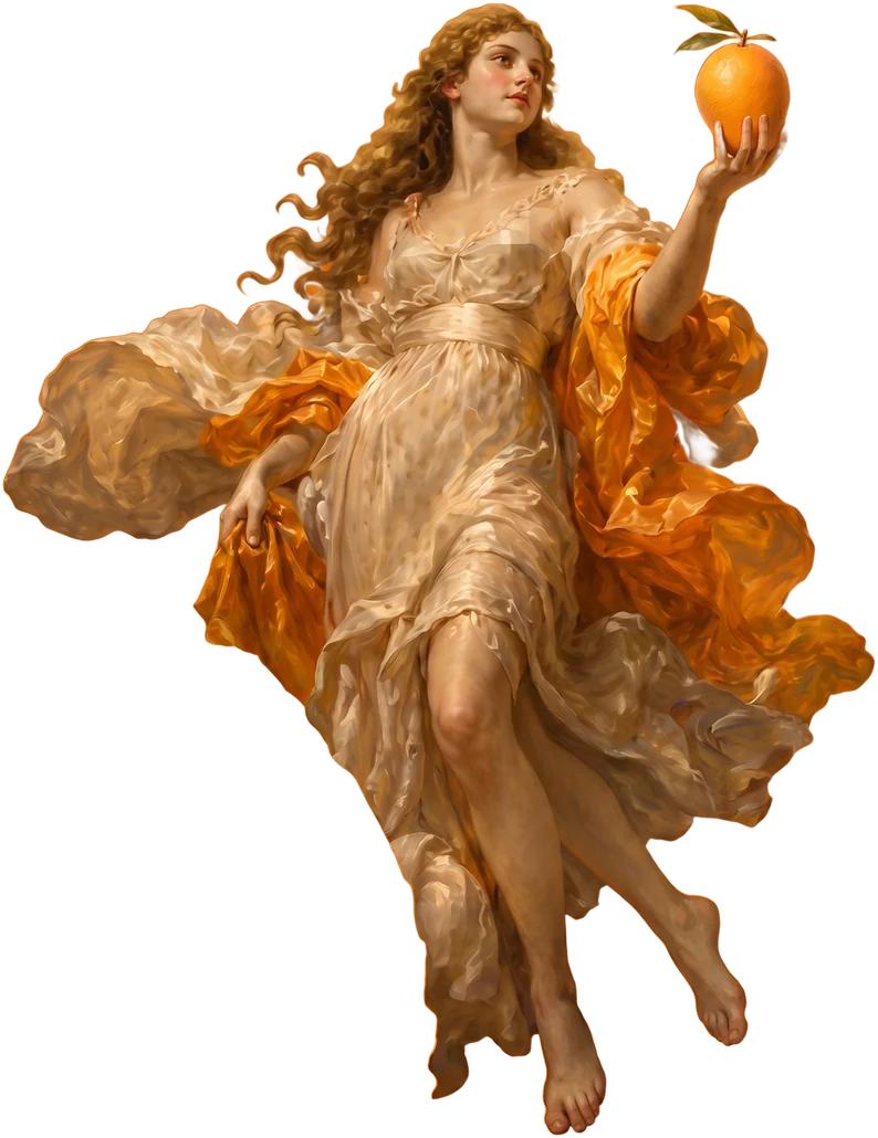 Muse in a flowing cream dress holding a glowing mango aloft